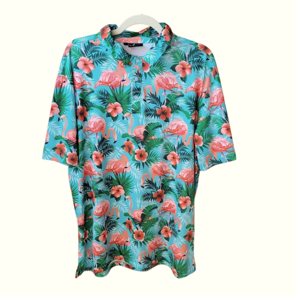 Men's Golf Flamingo Hibiscus Floral Palm Leaves Tropical Hawaii Polo Vibrant